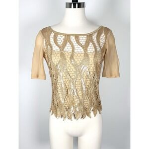Vintage Sagaie Paris Top Women's Small Sequin Mesh Whimsy Fairy Y2K Tan Beige